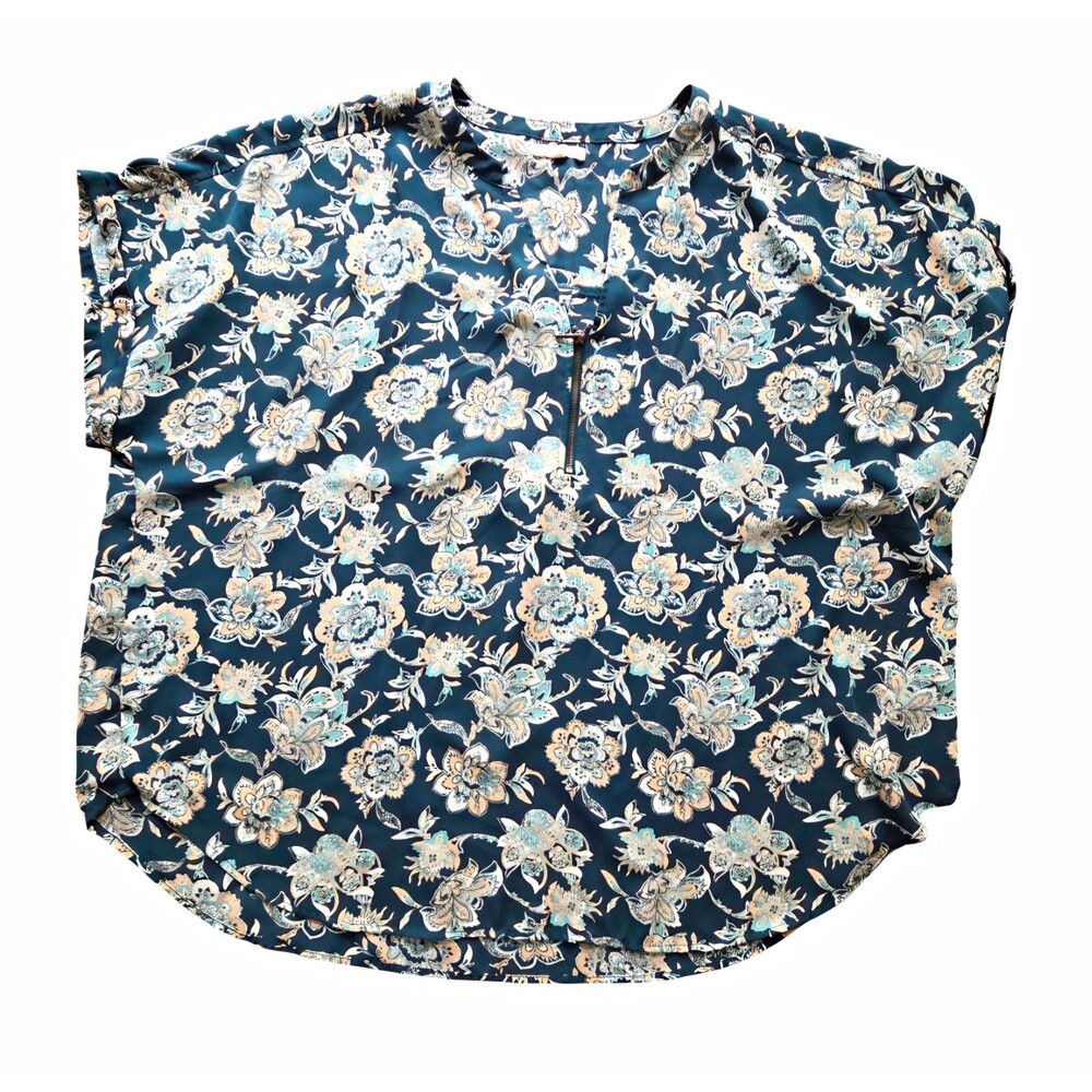 Maurices Women's Plus 2X Blue/White Floral Cap Sleeve Round Neck Half-Zip Blouse